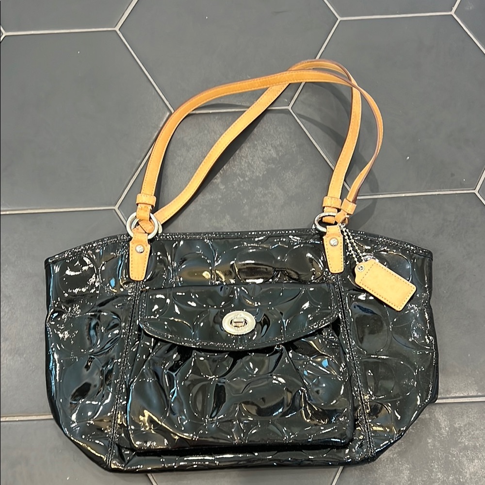 Coach Black Patent Leather Purse with Tan Straps